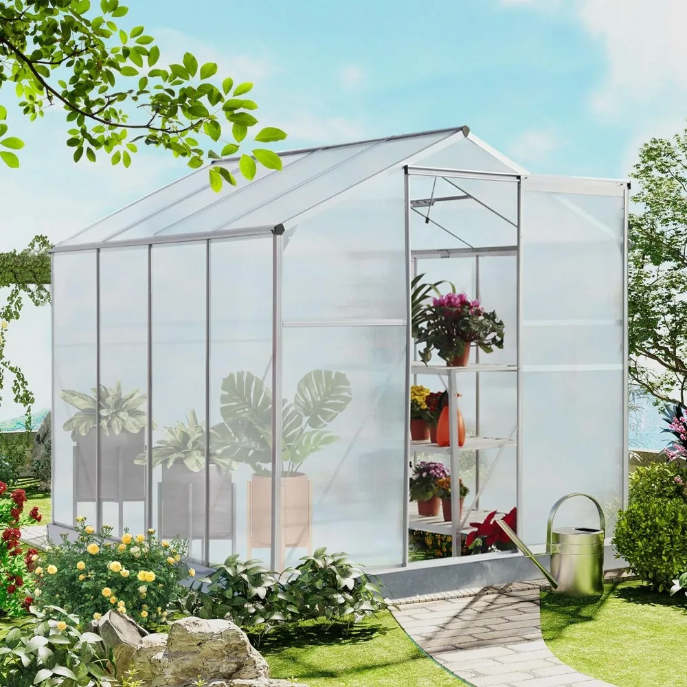 

6x8 FT Hybrid Polycarbonate Greenhouse with Lockable Hinged Door,Sliding Door and 2Vent Window,Walk-in Hobby Greenhouse Aluminum