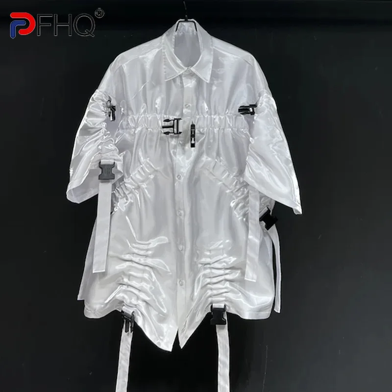 

PFHQ Men's Eye-splice Design Shirts Summer Thin Short Sleeve Texture Cool Loose Pleated Handsome Light Luxury Male Tops 21Z4841