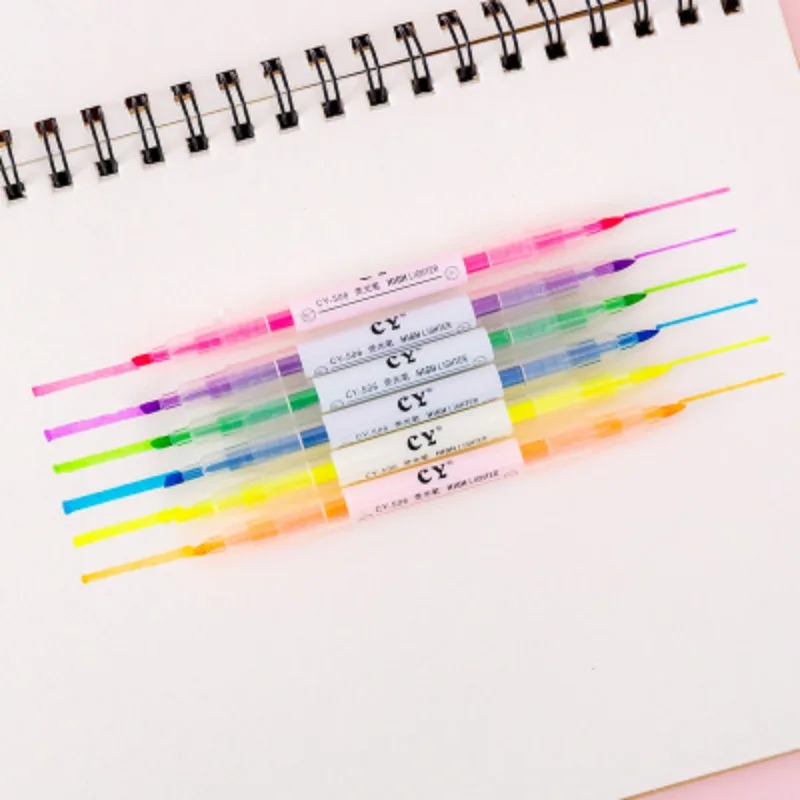 6 Colors/Set Double Headed Highlighter Pen Fluorescent Drawing Markers Highlighters Pens Stationery Office School Supplies images - 6