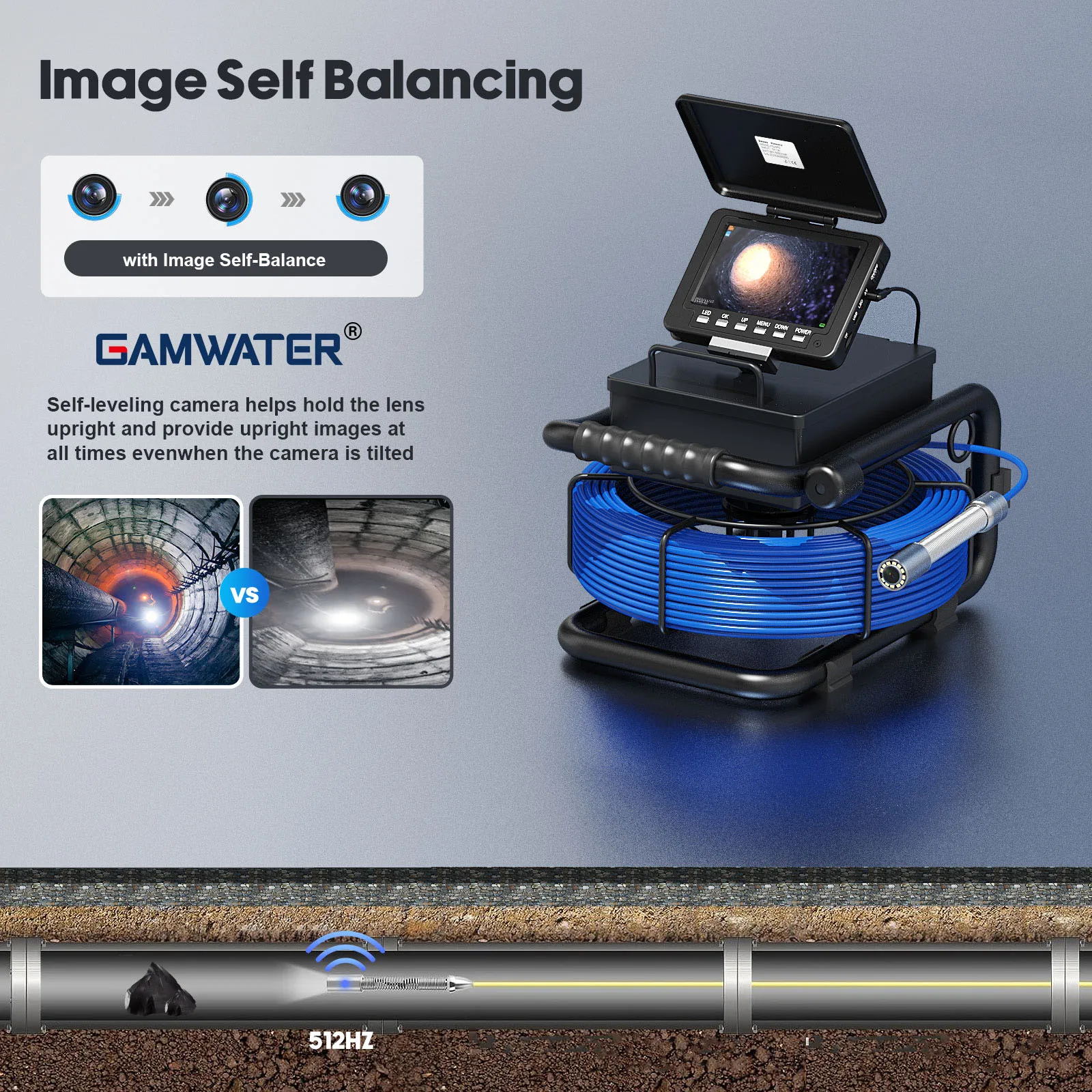 Sewer Inspection Camera - 512Hz Self-Leveling Sewer Camera with 10/20/30/50M Fiberglass Cable , IP68 Waterproof Sewer Endoscope 3