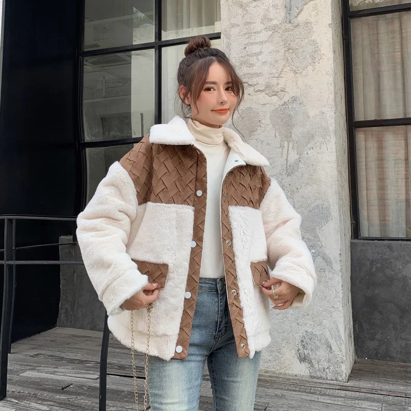 

2022 Autumn Winter Women Contrast Color Patchwork Plush Jacket 2022 Lapel Baggy Furry Long Sleeve Warm Cotton Padded Coat