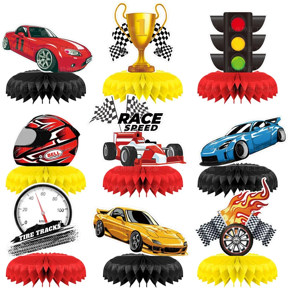 8 Stück Rennwagen-Waben-Mittelstücke, Dekorationen, Let’s Go Racing, karierte Auto-Tischauflagen, Rennwagen-Geburtstagsparty-Zubehör