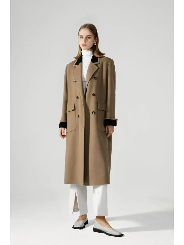

New in Outerwear 2023 Spring Double Breasted Contrasting Collar Long 100% Wool Coats Women Loose Adjustable Waist Woolen Jacket