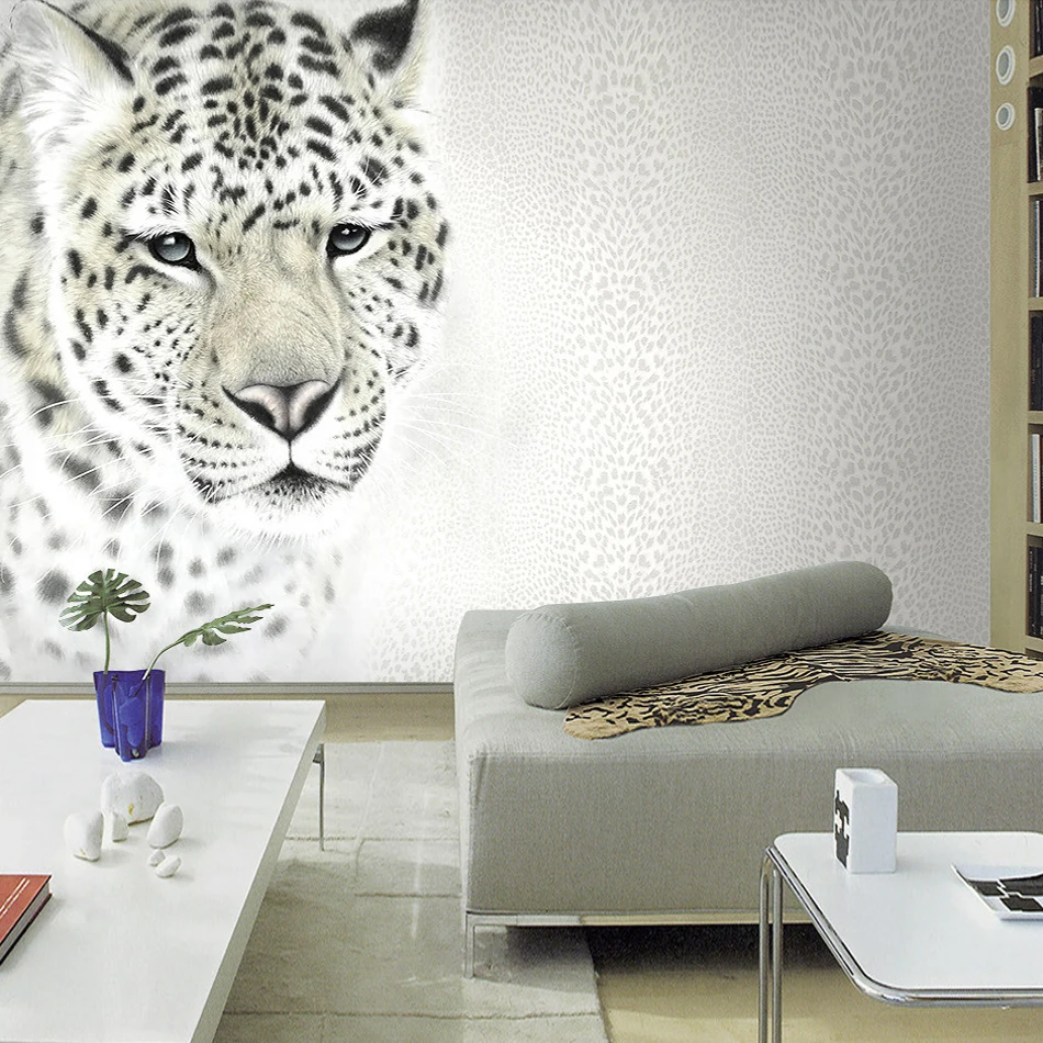 papel de parede 3d animal branco leopardo 02