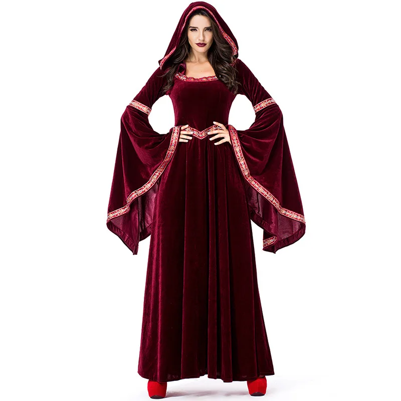 

Medieval Gothic Hoodie Witch Long Dress for Women Halloween Carnival Adult Vampire Cosplay Costumes Long Sleeve Princess Dress