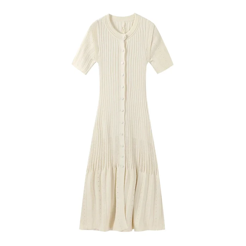 Knit Solid Women's Dress Short Sleeve O Neck Lady Dresses 2025 Elegant Summer Single Breasted Hip Package High Waist Female Rube