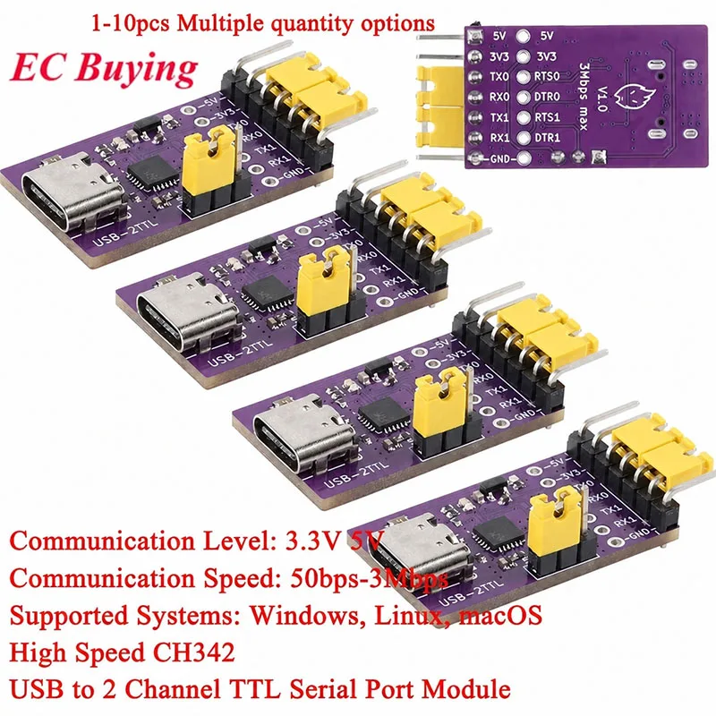 10 stücke/1 stück USB zu 2 Kanal Weg TTL Serial Port Modul Typ-C 50bps-3Mbps High Speed CH342 Chip Kommunikation Konvertierung Modul