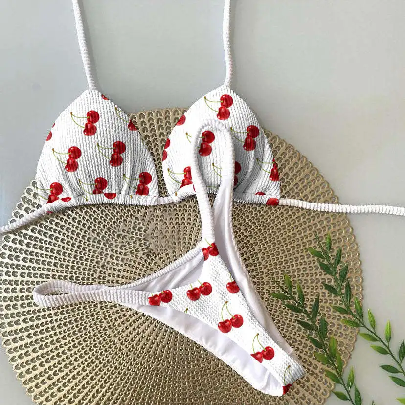 Bikini set Sexy Thong Bikini Set Ribbed Biquinis Beachwear Swimwear Halter Lace Up Brazilian Swimsuit for Women Leopard Monokini