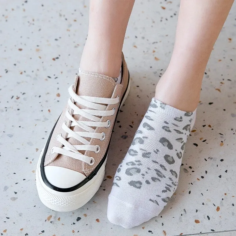Womens Socks 5 Pairs Seasonal Leopard Print Cotton Sweat-absorbing Comfortable Sports Low Top