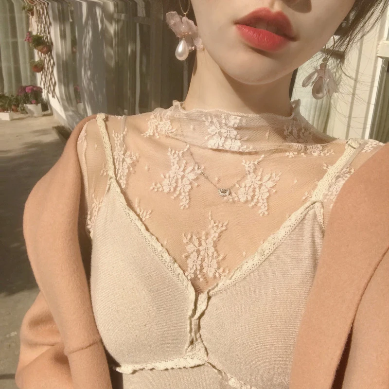 Sexy Women Mesh T-Shirts Transparent Lace Blouse Long Sleeve See Through...