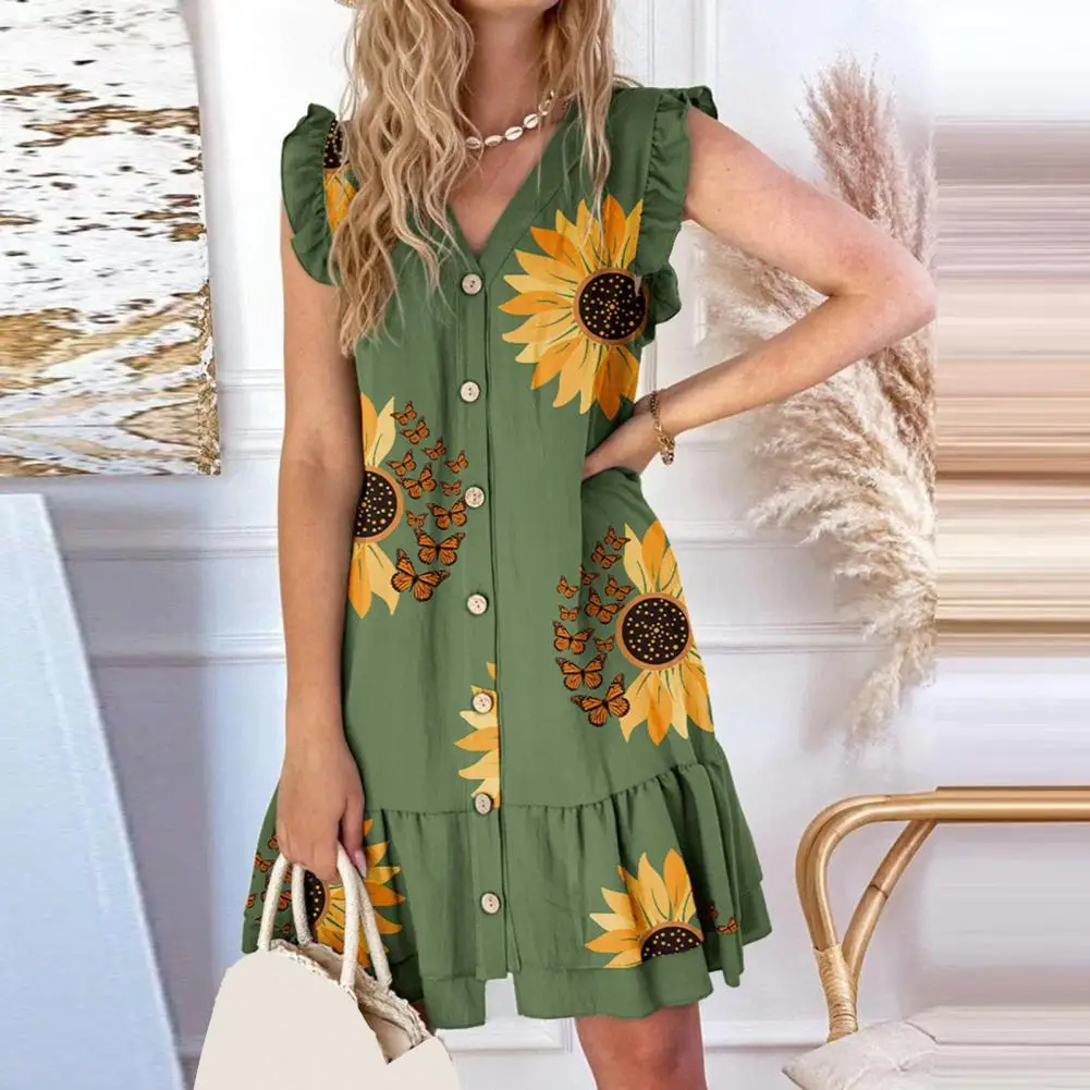 

Women Summer Dress Fly Sleeve Ruffled Flower Printing V-neck Button Placket Dating Contrast Color Patchwork Lady Mini Dress Fema