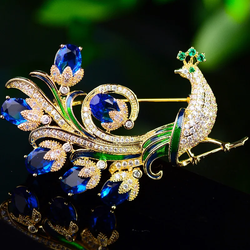 OKILY Delicate Colorful Zircon Peacock Brooches Elegant Enamel Animal Bird Pin and Brooch for Woman Accessories Trendy Jewelry