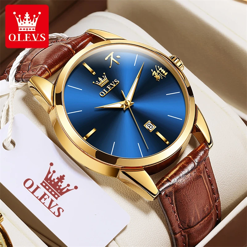 OLEVS Mens Watches Top Brand Luxury Leather Waterproof Fashion Blue Quartz Watch for Men Business Wristwatches Relogio Masculino