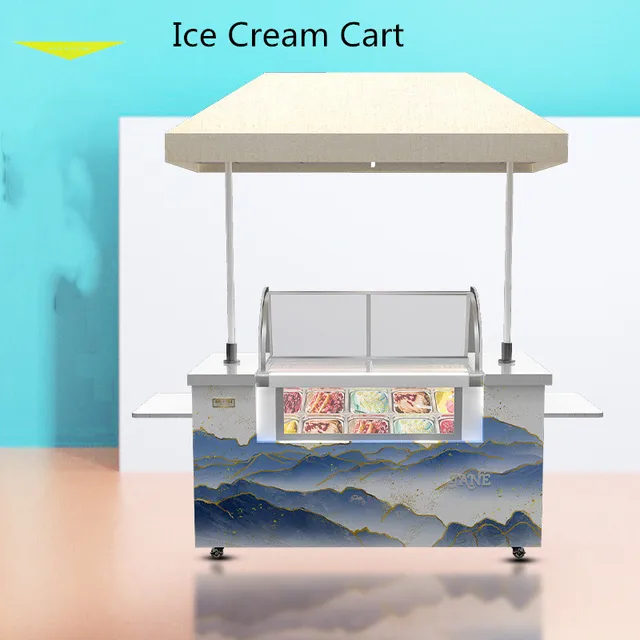 Custom Ice Cream Push Cart Gelato Display Freezer Mobile Food Cart with Refrigerator Showcase Cold Drink Vending Kiosk