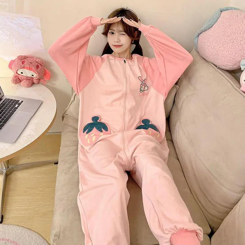 

Женская пижама с героями мультфильмов Sanrio My Melody Kuromi Новинка весна-осень ночная рубашка из чистого хлопка с коротким рукавом Слитная Пижама