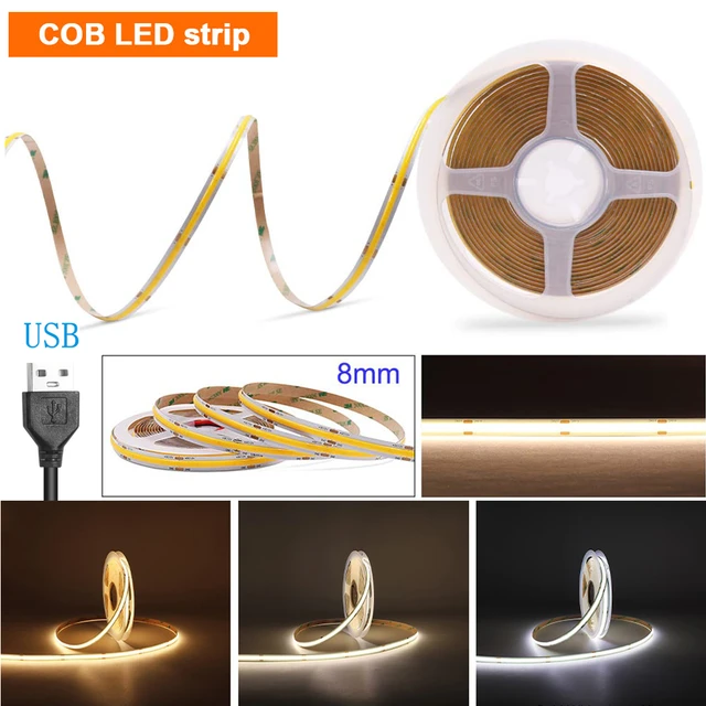 Tira de luces LED COB con alimentación USB, 320 LEDs, alta densidad, FOB,  COB, Flexible, RA90, CC, 5V, regulable, cuerda de Luz lineal - AliExpress