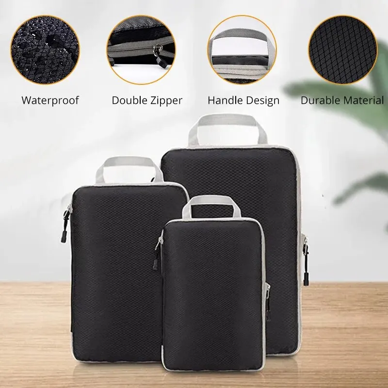 Set of 3 Compressible Travel Storage Bags - Black, Blue, Grey | Portable Large-Capacity Packing Cubes