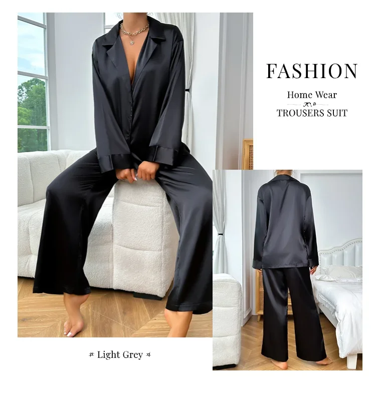 Satin Silk Sleepwear Low Cut Sexy Pajamas For Women Single-Breasted Long Sleeves Wide Leg Pants Trouser Suits Oversized