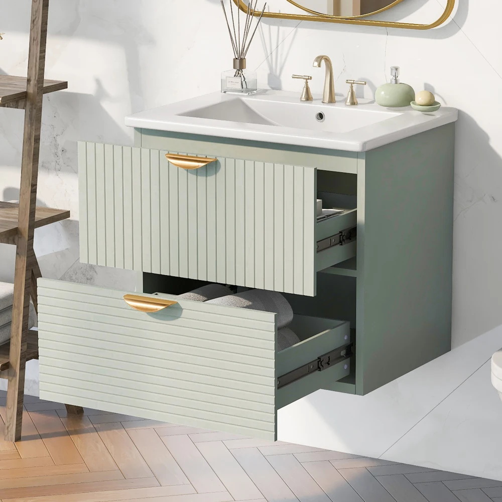 Modern 24 Inch Wall-Mounted Bathroom vanity with 2 Drawers, White - Ideal for Small Bathrooms 5