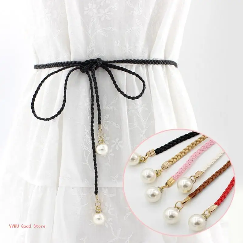 

Braided Women Waist Belt Vintage Thin Bohemian Belts Designer White Pearl Decors Decorative Women Knot Waist Belt