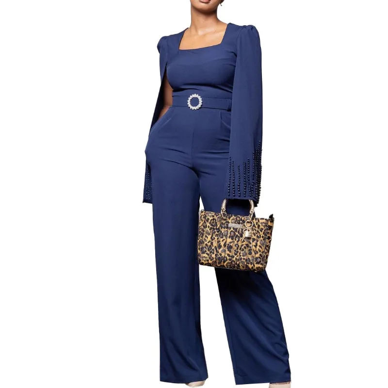 Spring Women's Cape Sleeve Studded High Waist Casual Wide Leg Jumpsuit Temperament Female Fashion INS Elegant Party Jumpsuits