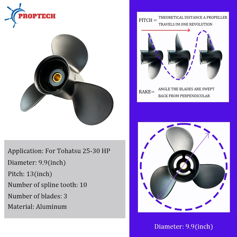 Marine Propeller 346-64104-5 for Tohatsu 25HP 30HP 9.9 * 13 Boat Aluminum Alloy Screw 10 Spline 3 Blade Outboard Accessories