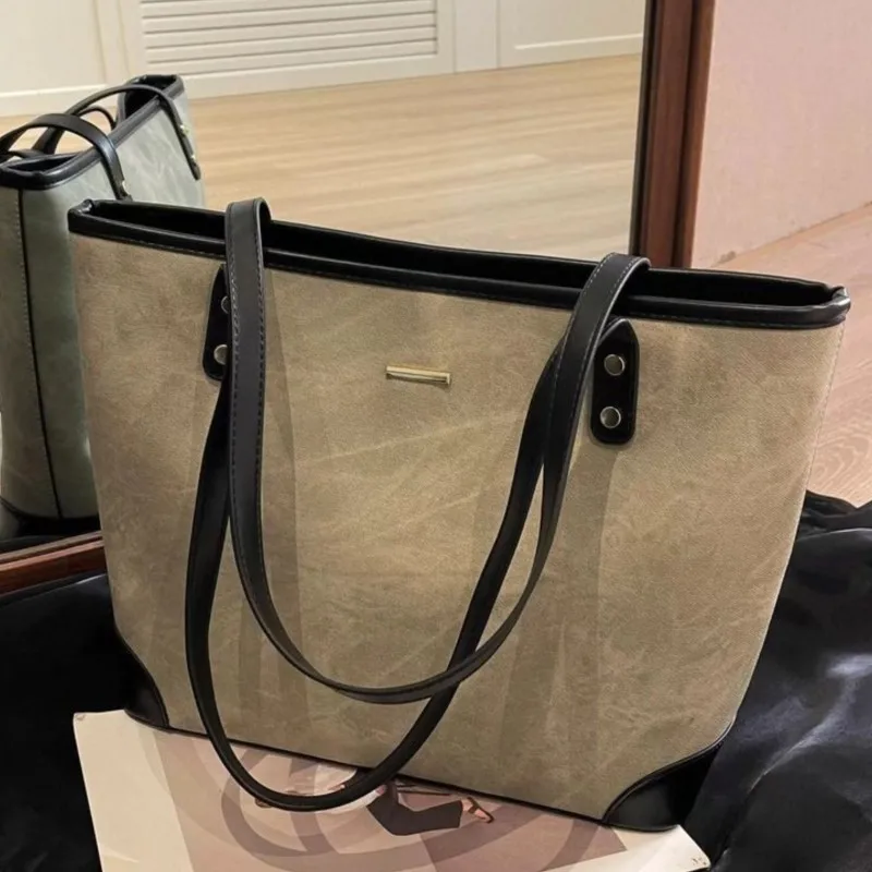 Korean Style Beige Studded Tote Bag Women Textured Patchwork Large Capacity Shoulder Bag Ladies Casual Commuter Underarm Bag New