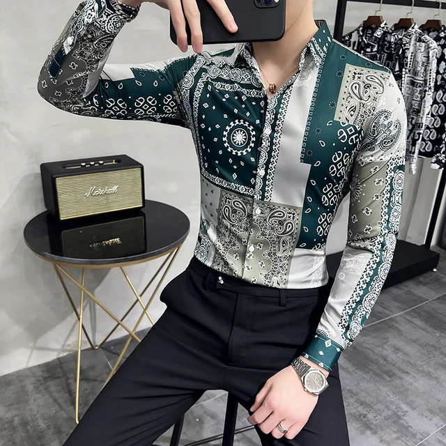 Chemise Homme All Seasons Fashion Print Long Sleeve Social Shirts