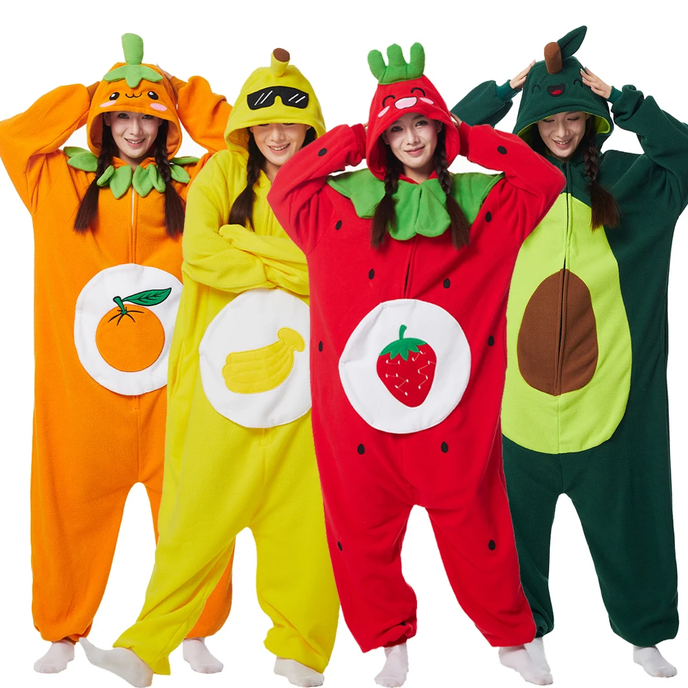 Kigurumi Pajamas Onesies Fruit Halloween for Adult Kids Cartoon Pumpkin Avocado Cosplay Party for Women Men Homewear
