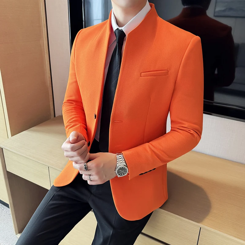 Men Stand Up Collar Suit Jacket Casual Business Blazer Korean Waffle Wedding Groom Banquet Party Dress Coat