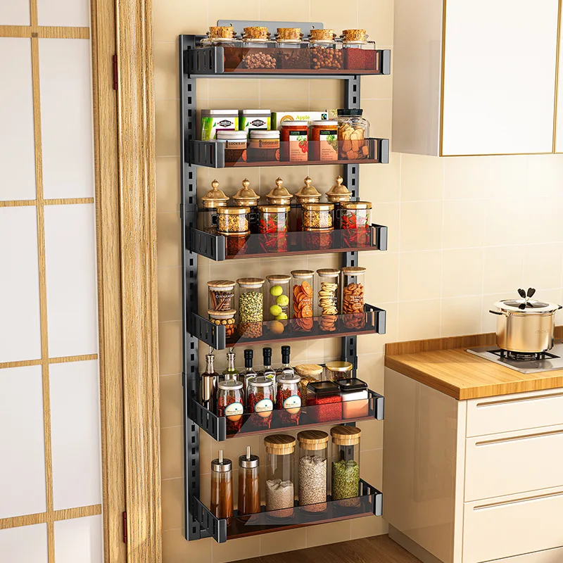 

Door Rear Shelf Punch Free Wall Hanging Seasoning Oil Salt Soy Sauce Vinegar Storage Basket Multi Layer Adjustable Shelves