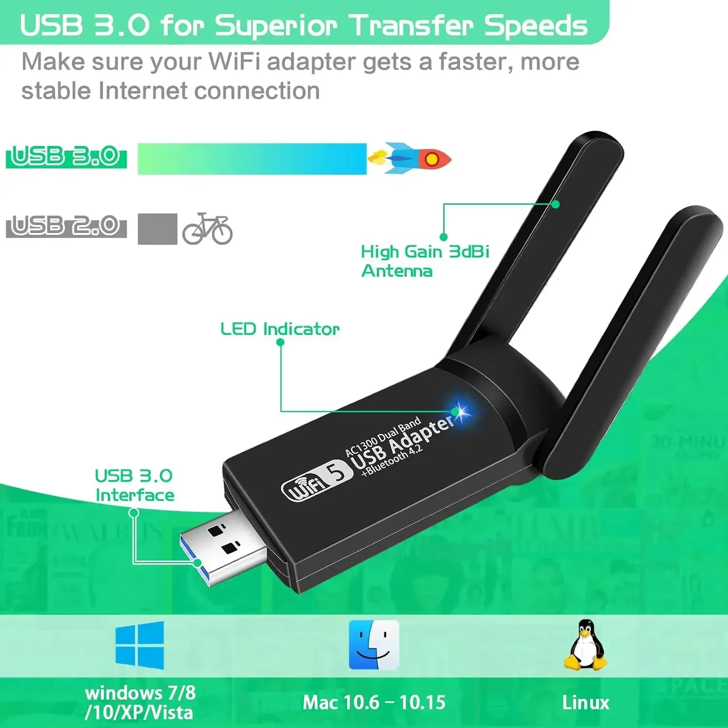 Usb Wifi Dongle Adaptador Usb Wifi 1300 Mbps Dual Band 5g Con 2 Antenas Adattatore Wifi Usb - Foto 8