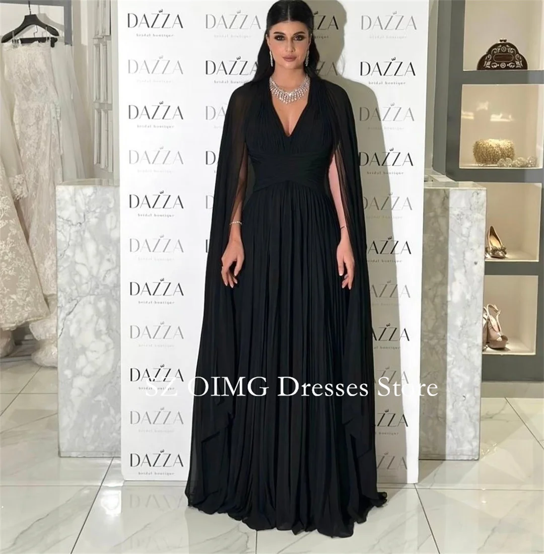 

OIMG Black Custom Made Black Prom Dresses with Cape Sleeves Arabic Ruched Vintage Chiffon Evening Gowns Formal Party Dress