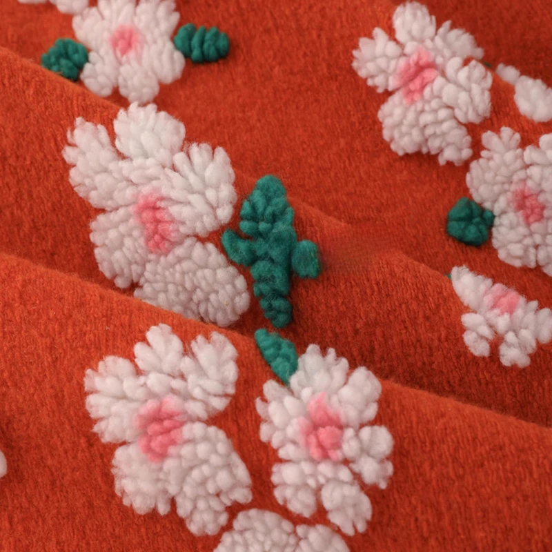 Orange Red Flower Jacquard Knitted Imitation Woolen Fabric Autumn and Winter Jackets Girls' Hoodies Cloaks Handmade DIY Fabric