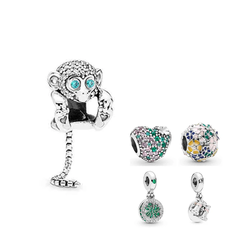 

100% 925 Sterling Silver Monkey looking glasses clover green Charms Beads fit Original Pandora Women Bracelet DIY Jewelry Gift