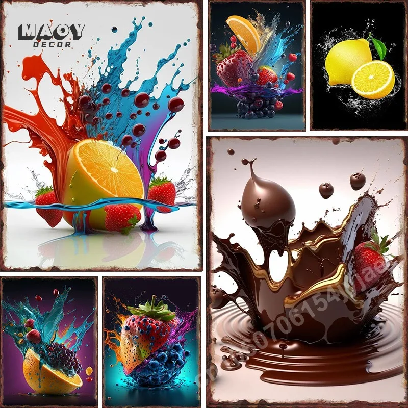 

Natural Fresh Fruits Splash Metal Signs and Prints Strawberry Oranges Metal Tin Sign Kitchen Shop Dining Room Decor Wall Art