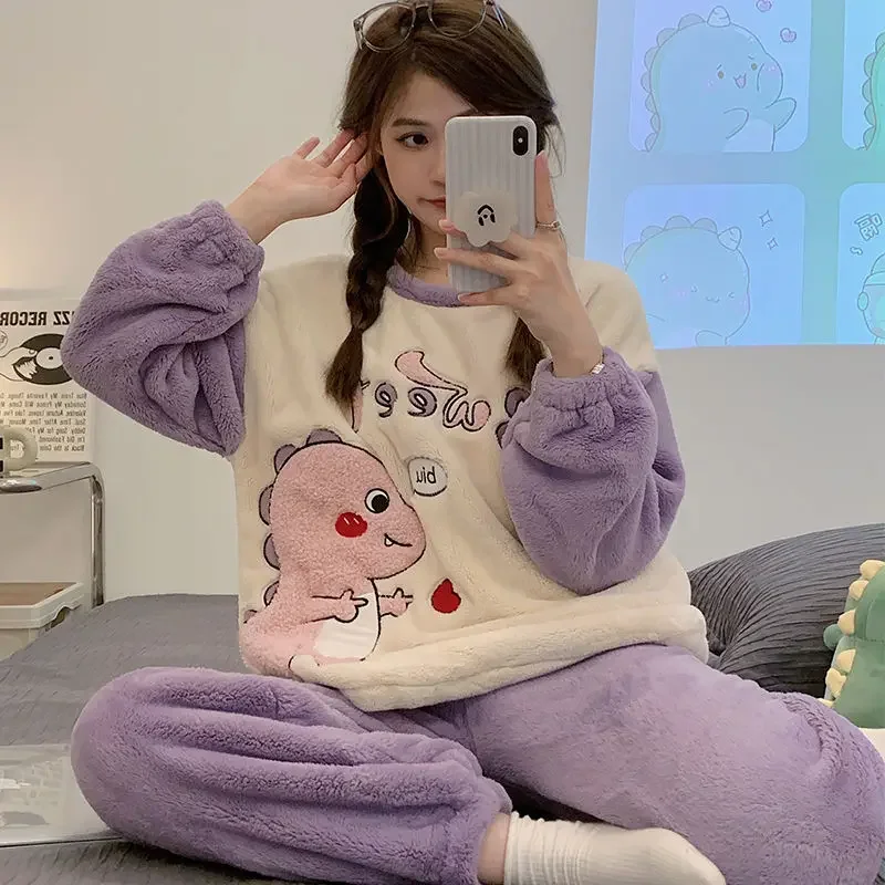 

Autumn Winter New Warm Flannel Women's Pajamas Set Long-sleeved Trousers Two-piece Set Cute Soft Home Wear Clothes for Women
