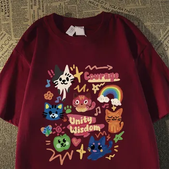 Summer Japanese Cute Child-fun Cat Printed Short-sleeved T-shirt for Ladies and Boys Same Loose Casual Large-size Top 1