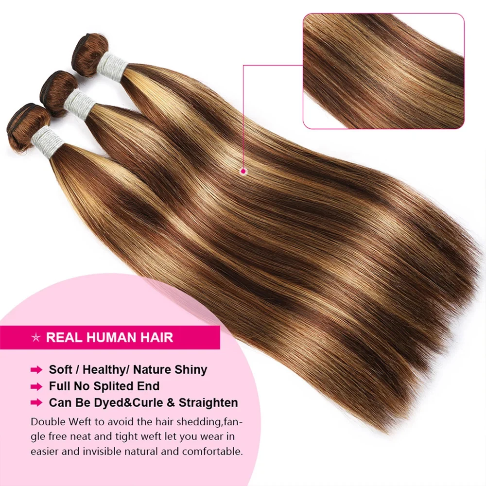 32 Inch Honey Blonde Straight Bundles P4/27 Highlight Straight Human Hair Bundles Brown Colored Brazilian Hair Weave Bundles 3