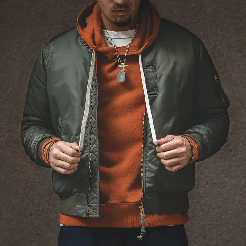 Maden Vintage MA1 Pilot Jacket for Men's Winter Green Cotton Thickened Coat Baseball Pockets Flight Zipper Jacket Outwear Tops 3