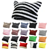 Corchet Cute Cat Ears Beanie Hat for Women Winter Striped Korean Fashion Y2K HipHop Cosplay Knitted Streetwear Men Skullies