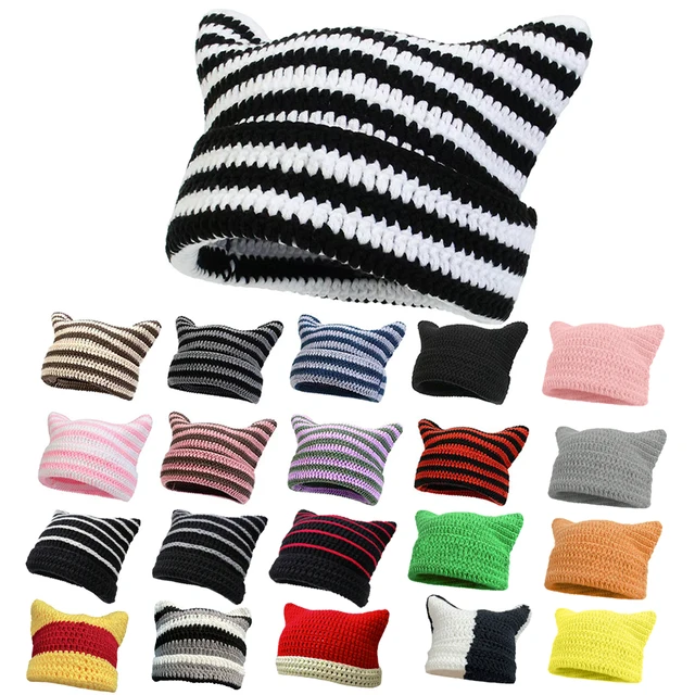 Corchet Cute Cat Ears Beanie Hat for Women Winter Striped Korean Fashion Y2K HipHop Cosplay Knitted Streetwear Men Skullies