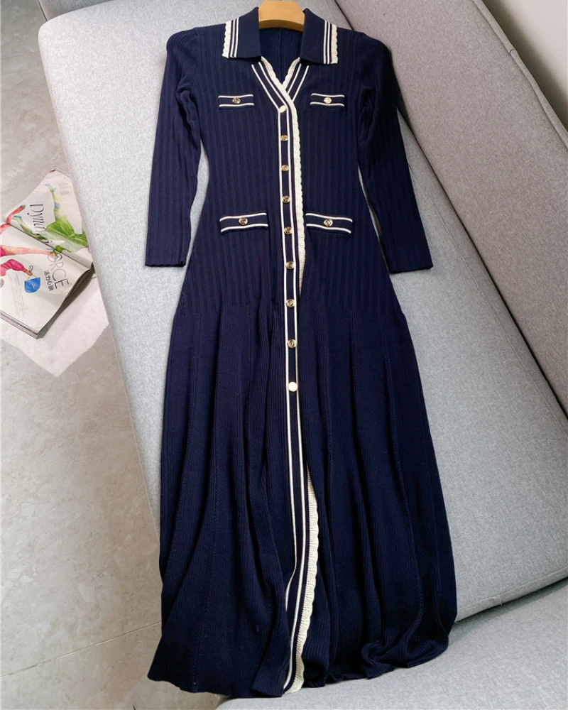 

V-neck Single-breasted Clashing Stripes Knitted Slim Long-sleeved Long Dress 2022 Summer New France Paris High-quality