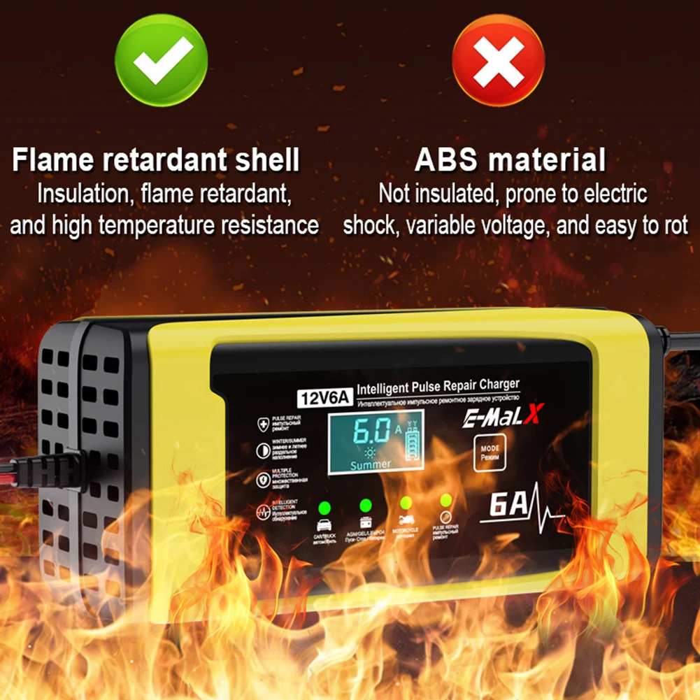 12V 6A Smart Car Battery Charger 220V Power Pulse Repair Charger for for Auto Motorcycle Lead-Acid AGM GEL Batteries  ﻿