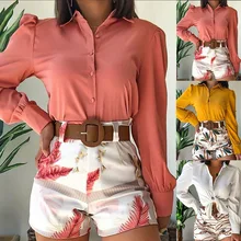 

Print Shorts Set Women Summer 2022 Casual Elegant Bohemian Long Sleeve Shirt & High Waist Shorts Suit Two Piece Sets + with Belt