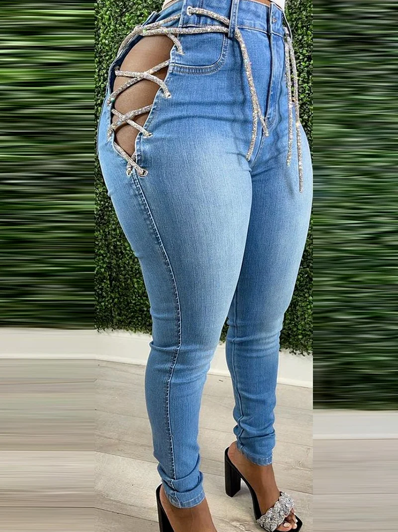 2023 Autumn Fashion Women Sexy Bandage Skinny Pencil Jeans Vintage High Waist Lace Up Stretch Bodycon Denim Pants Long Trousers