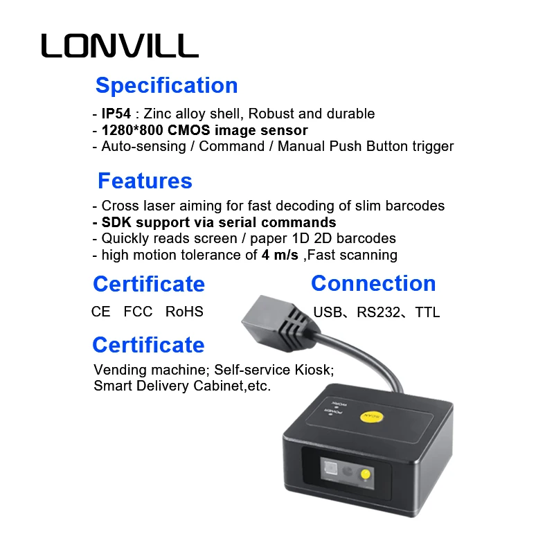 론빌 바코드 QR 코드 스캐너 바코드 스캐너 및 판매용 기계, 고정형 리더기 USB RS232 TTL 지원