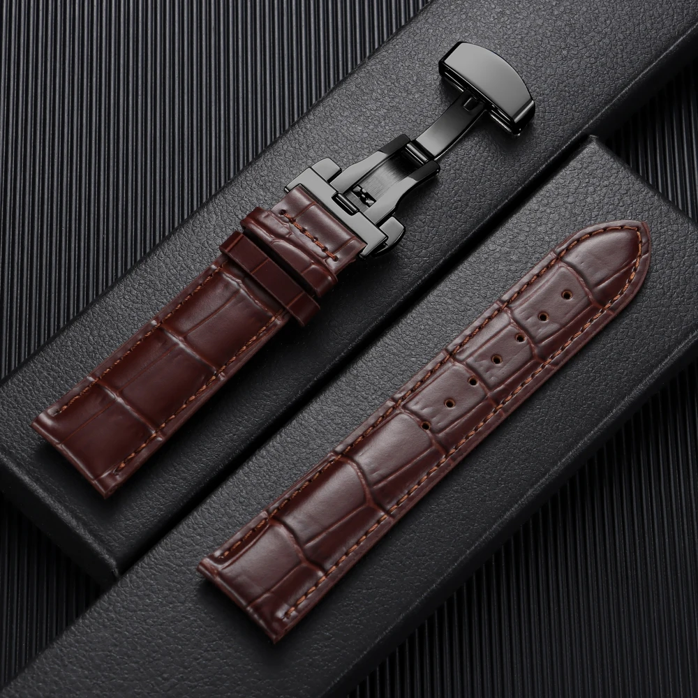 Elegant Butterfly Buckle Genuine Calfskin Leather Watch Strap - Soft and Stylish Wristband