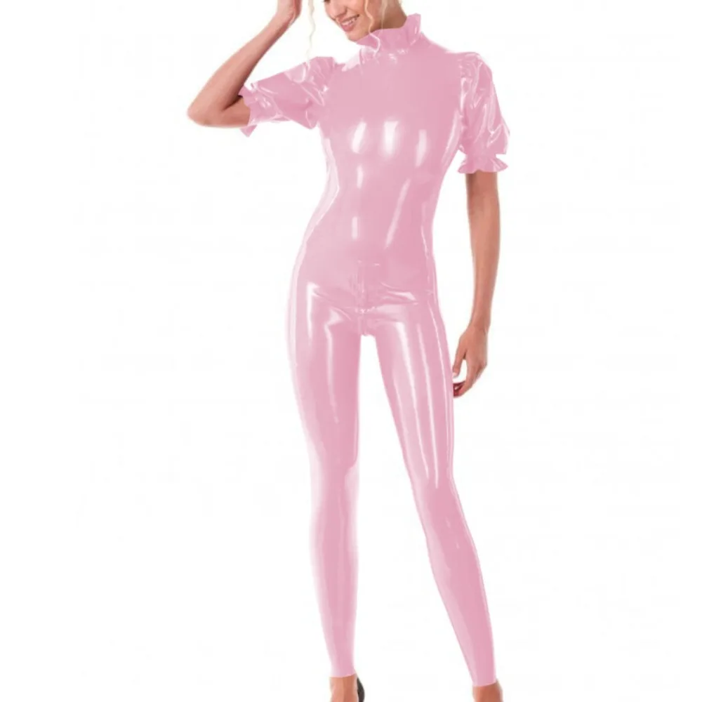 Plus Size Sissy Solid Color Short Sleeve Jumpsuits for Women High Neck Slim Zipper Open Crotch Jumpsuits Exotic Party Rompers 3