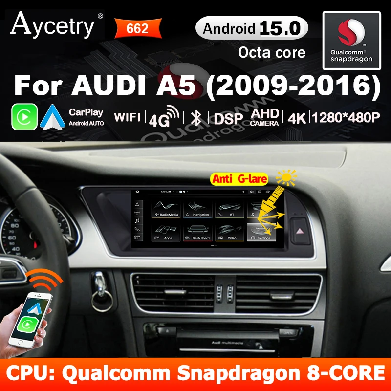 8,8'' Snapdragon 8 CORE Kabelloses Carplay Android 15 Auto-Radiobildschirm für Audi A5 2009-2016 Autoradio Stereo Multimedia-Player GPS Bluetooth 4G LTE